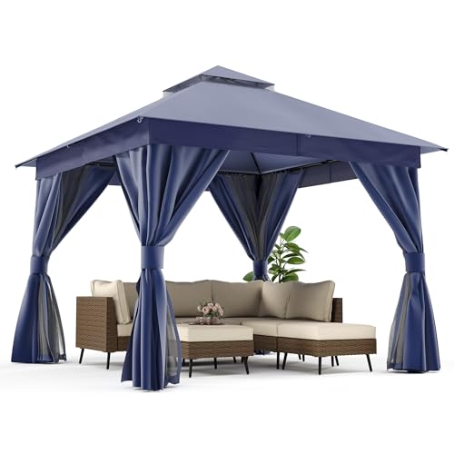 LAUSAINT HOME 10'x10' Outdoor Gazebo, Metal Frame Heavy Duty Patio Canopy Tent Shelter with Double Roofs, Mosquito Nettings and Privacy Screens for Backyard, Garden, Lawn, Navy Blue - color: Navy Blue, size: 10'x10'