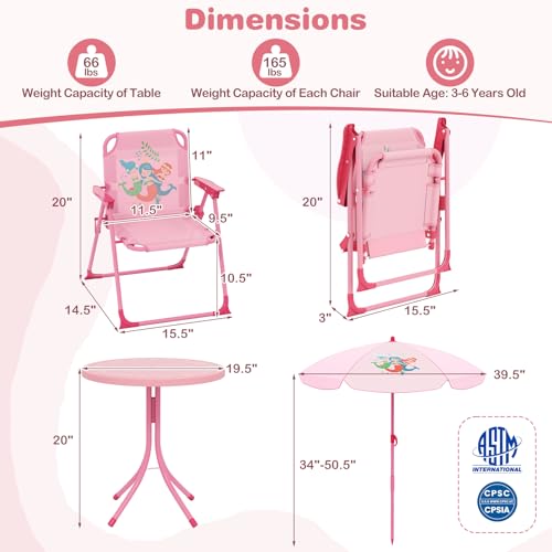 KOTEK Kids Picnic Table with Umbrella, Outdoor Table & 2 Folding Chairs, Cute Pattern Children’s Patio Furniture, Portable Kids Table and Chair Set for Backyard, Garden, Beach (Pink) - color: Pink Mermaid