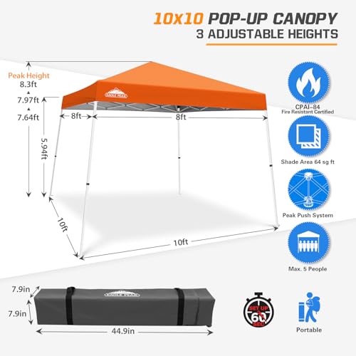 EAGLE PEAK 10x10 Slant Leg Pop-up Canopy Tent Easy One Person Setup Instant Outdoor Beach Canopy Folding Portable Sports Shelter 10x10 Base 8x8 Top (Orange) - color: Orange, size: 10x10