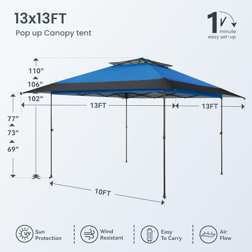 PHI VILLA 13x13 Pop Up Canopy Tent Instant Outdoor Party Canopy Easy One Person Set-up Folding Shelter with Auto Extending Eaves 169 Square Feet of Shade, Blue, Oxford Cloth with Stainless Steel Frame - color: Blue