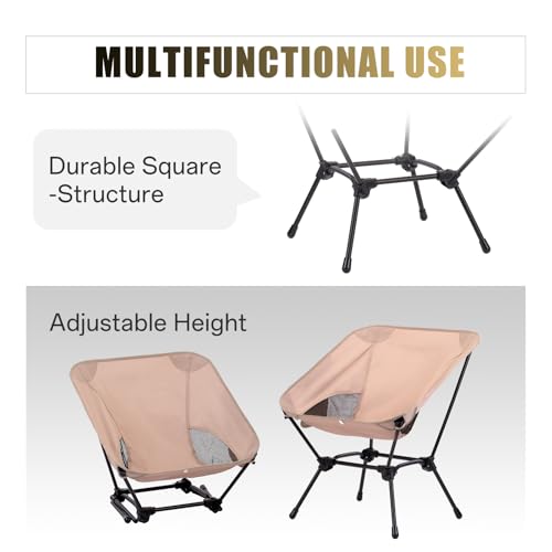 Ultralight Folding Camping Chair, 2-in-1 Height Adjustable, Square Frame for Stability, Quick Setup for Hiking Beach Fishing Motorcycle Travel - color: Khaki - Low Back