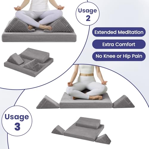 Meditation Cushion Set, Meditation Pillow for Sitting on Floor, Large Yoga Pillow with Knee Support, Washable Zafu Meditation Mat, 3 Shapes Floor Pillow for Adults, Light Grey - color: Light Dark
