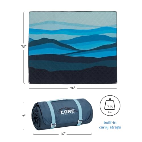 CORE Outdoor Weighted Blanket | Packable Waterproof Picnic Blanket, Beach Mat, Tent Camping Rug, & Stadium Blanket | Large Portable 94" x 78" Quilt Design with Built-in Straps and Carry Handle - color: Misty Mountains