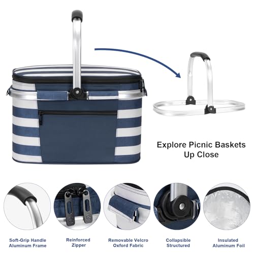 ALLCAMP Picnic Basket - Insulated Cooler, Thickening Foldable Picnic Basket with Removable Baskets & Sewn-in Frame, Basket for House Warming Gifts New Home(Blue White) - color: Blue White, size: Medium
