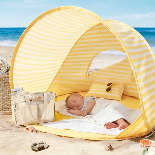 Tiny Land Baby Beach Tent – Pop Up Baby Tent with UV Protection, Portable Baby Beach Essentials, 35.4"x27.6"x31.5" Sun Shelter for Infants, Baby Summer Outdoor Use (Pastel Yellow Stripes) - color: Pastel Yellow Stripes