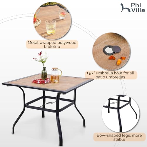 PHI VILLA 5 Piece Outdoor Dining Set with Umbrella for 4, 37" Square Metal Wood-top Table & Wicker Rattan Chairs with Cushions & 10ft Red Umbrella, Dining Furniture for Patio, Deck, Backyard, Porch - color: Red, size: 5PCS 37" Wood-top Table