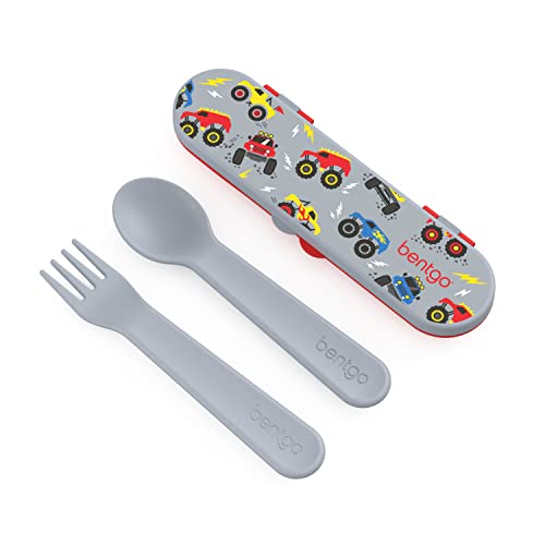 Bentgo Kids Utensil Set - Reusable Plastic Fork, Spoon & Storage Case - BPA-Free Materials, Easy-Grip Handles, Dishwasher Safe - Ideal for School Lunch, Travel, & Outdoors (Trucks) - color: Trucks