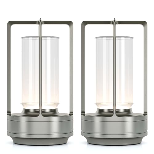 Portable Metal Table Lamp for Indoor/Outdoor ,Rechargeable Cordless LED Lamp, 3-Colour Infinitely Dimming Battery Powered Small Desk Lamp, Restaurant/Bedroom/Bar/Coffee/Camping Light (Sliver Set of 2) - color: Sliver Set of 2