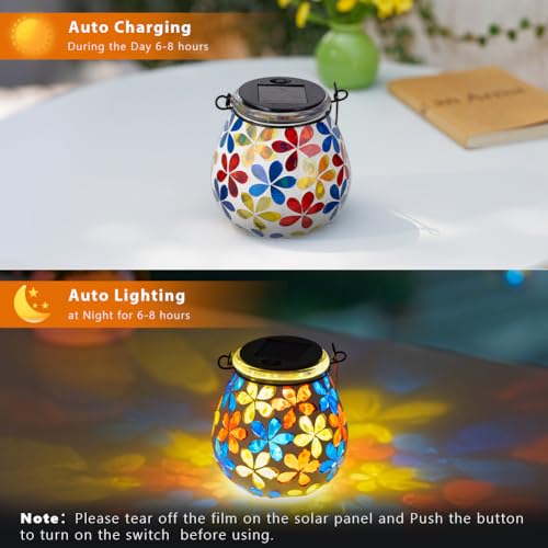Stargarden Mosaic Solar Lanterns, Glass Hanging Lantern Waterproof Outdoor Haning Lights Flower Decorative Table Lamp for Garden ,Patio,Yard Decor - color: Flower