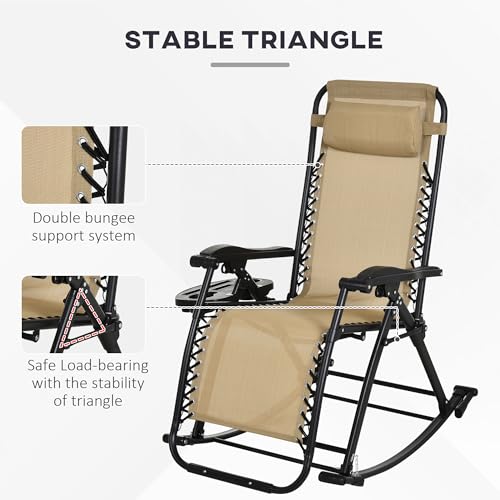 Outsunny Set of 2 Outdoor Rocking Chairs, Foldable Reclining Zero Gravity Lounge Rocker with Pillow, Cup & Phone Holder, Combo Design with Folding Legs, Beige - color: Beige, size: 2 Packs