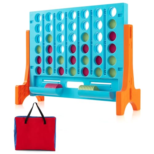 COSTWAY Giant 4-in-a-Row Game with Storage Carry Bag, Jumbo 4-to-Score Game with Chesses, Quick Release Slider for Kids Adults, Indoor Outdoor Backyard, Free-Standing/Wall-mounting (Red&Orange) - color: Blue&orange