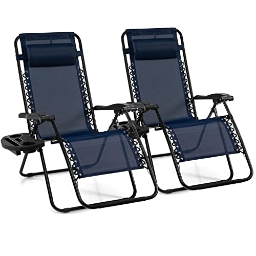 Giantex 2 PCS Zero Gravity Chair, Outdoor Chaise Lounge with Cup Holder, Patio Folding Chairs Recliner for Yard Pool Lawn Balcony - color: Navy, size: 1 Count (Pack of 2)