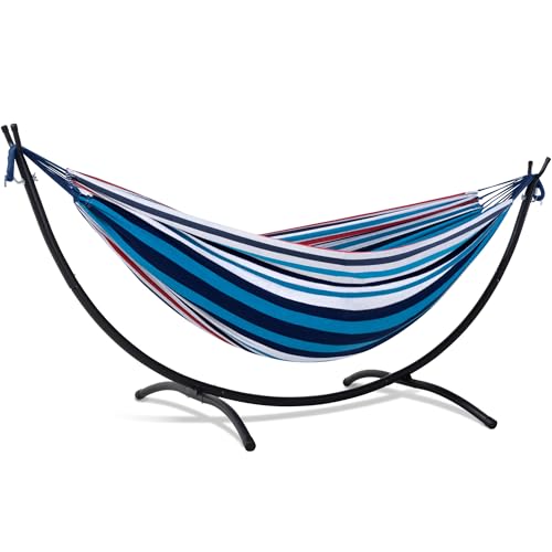 SUNCREAT Hammocks for Outside with Stand, Porch Hammock and Stand, 475 lbs Capacity, Blue & Red Stripes - color: Blue Red