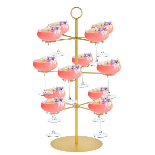 QPIX DIGITAL Champagne Tower,Metal Cocktail Tree Stand 3 Tier - 12 Holders For Champagne, Cocktails, Martini, Margarita Cups at Weddings,Bridal Parties & Events,Cocktail Glass Gold Holder - color: Gold, size: 24"x 13"-12 Holders