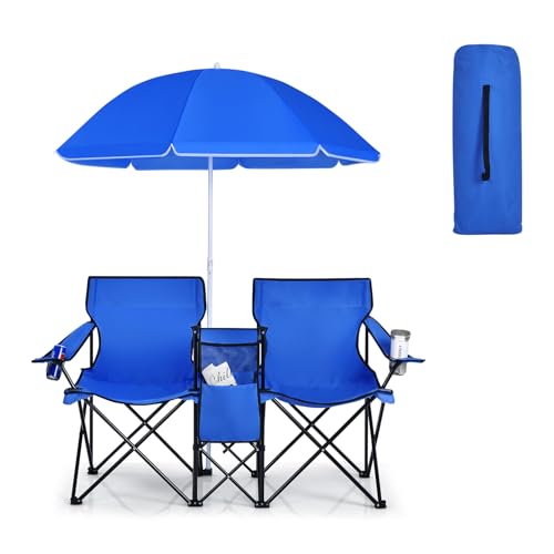 Double Camping Chair, 2-Person Portable Beach Chair w/Removable Umbrella, Cup Holders & Carrying Bag, Folding Loveseat Chairs for Adults Outdoor Picnic (Blue) - color: Blue