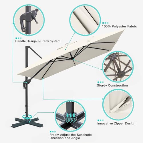 Sunnyglade 10x13Ft Cantilever Patio Umbrella Rectangular Deluxe Offset 360°Rotation & Integrated Tilting System Hanging Umbrella for Market Garden Deck Pool Backyard Patio (Beige, 10 x 13 ft) - color: Beige, size: 10 x 13 ft