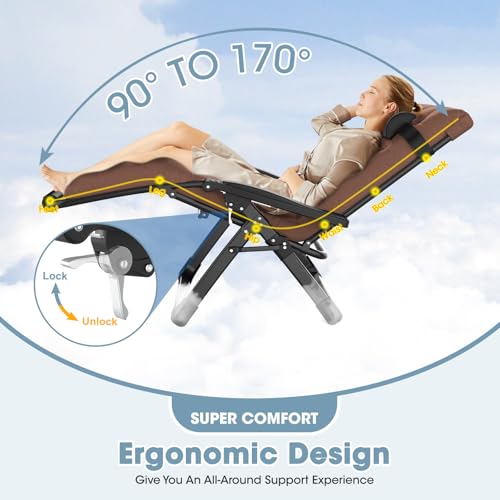 Oversized Zero Gravity Chair, 33In XXL Padded Lounge Chair, Recliner Chair W/Cushion& Storage Bag, Footrest, Reinforced Full-Alu Alloy Lock, Larger Cup Holder, for Indoor Outdoor, 500lbs Max - color: 33in - Brown