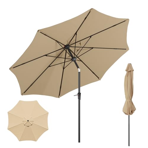 Outdoor Patio Umbrella with One Push Button Tilt and Crank, 8 Sturdy Ribs Market Table Umbrella - color: Beige-Fiberglass Ribs, size: 9FT