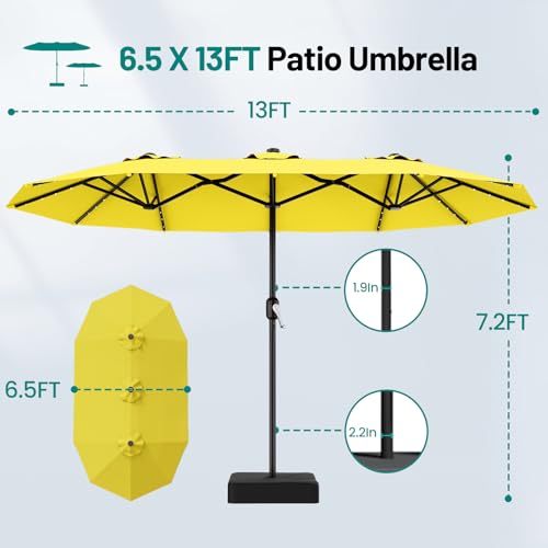 AreShark 13 FT Patio Umbrella with Solar Lights, Double-Sided Outdoor Table Umbrellas with Crank, Large Rectangular Market Umbrella for Porch, Lawn, Pool, Backyard, Yellow - color: Yellow, size: 6.5x13 Ft
