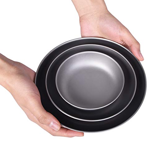 iBasingo 3 Pieces Titanium Plates Set Camping Metal Durable Cooking Pan Dishes Plates Saucer Ultra-light for Outdoor Camping Tableware Cookware Mess Kit with Carry Mesh Bag Ti1104T - color: 3PCS SET-Ti1104T