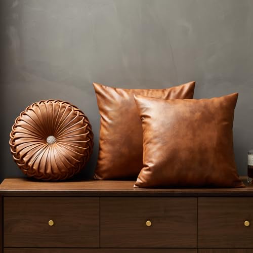EUCIOR Brown Round Leather Pillow,Circle Pillow,Handmade Round Throw Pillow,Smooth Faux Leather Decorative Pillows for Home Decor Bedroom Living Room Couch Bed,Diameter 15" - color: Brown Golden
