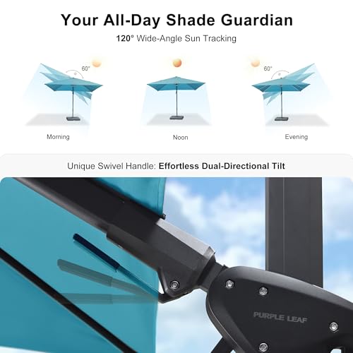 PURPLE LEAF 10 Feet Patio Umbrella Outdoor Cantilever Solar Powered LED Swivel Square Umbrella Aluminum Offset Umbrella with 360-degree Rotation for Garden Deck Pool Patio, Turquoise Blue - color: Turquoise Blue, size: 10' X 10', style: Left-right Tilt（LE