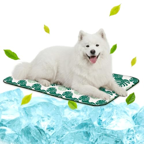 NWK Pet Cooling Mat for Large Dogs -Q-Max>0.345 Ice Silk Cooling Mat for Dogs & Cats Portable & Washable Pet Cooling Blanket, Car Seats, Beds for Summer (Green Leaf, 39'' X 27'' X 0.3'') - color: Green Leaf, size: Large (39'' X 27'' X 0.3'')
