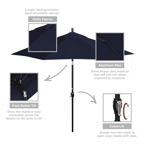 California Umbrella 9' Round Aluminum Market Umbrella, Crank Lift, Push Button Tilt, Black Pole, Navy Blue Olefin - color: Navy Blue