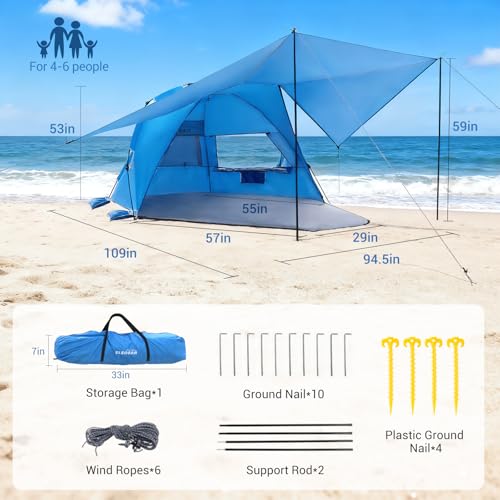 Elegear CumbreX™ Beach Tent with 360° Removable Canopy, 4-6 Person Pop Up Sun Shade Shelter, UPF 50+ Automated Installation Double Silver Coating Portable Lightweight Beach Cabana for Beach/Outdoor - color: Blue