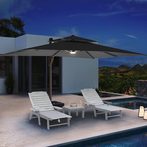 10 X 13 FT Cantilever Patio Umbrella with Led Lights and Base Included Outdoor Heavy Duty Double Top Rectangle Offset Umbrellas with 360-degree Rotation for Pool Deck Backyard, Grey - color: Grey, size: 10' X13'-Weighted Base Included