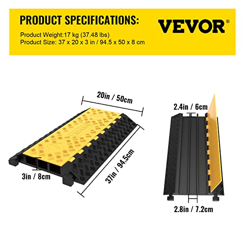 VEVOR 3-Channel Rubber Cable Protector Ramps Heavy Duty 44000Lbs Load Capacity Cable Wire Floor Cord Cover Ramp Speed Bump Driveway Hose Cable Ramp Protective Cover