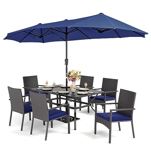 PHI VILLA 7 Piece Patio Dining Furniture Set with Umbrella, 60” Rectangular Metal Dining Table & 6 Cushioned Rattan Wicker Chairs & 13ft Large Blue Umbrella for Outdoor, Deck, Yard, Porch - color: Navy Blue, size: 7 PCS 60" Steel Table