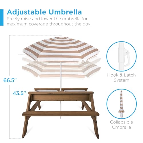Best Choice Products Kids Picnic Table with Umbrella, 3-in-1 Sand & Water Table, Outdoor Convertible Picnic Table for Toddlers, Seats 4, Removable Top, 2 Buckets - Walnut/Beige - color: Walnut/Beige