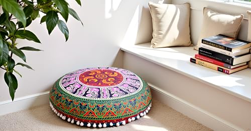 CRAFT KALA 22" Bohemian Floor Pillow Pouf Cover Mandala Boho Large Round Meditation Room Pillow Covers for Adults Seating Poufs Cushion Cover for Kids Playroom Multi 6 Color