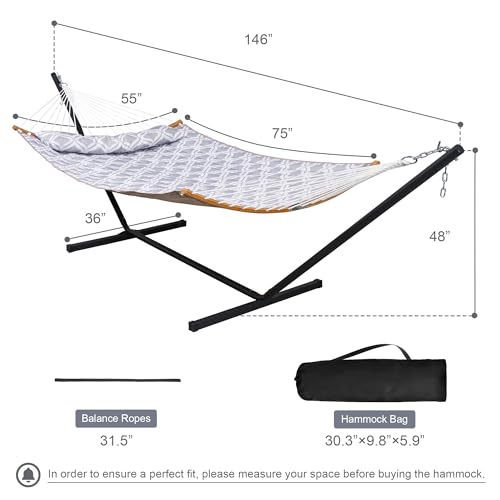 Large Hammock with 12FT Steel Stand, Freestanding Hammock with Curved Spreader Bar, Pillow and Portable Bag for Outside, Gray Ripples - color: Gray Ripples