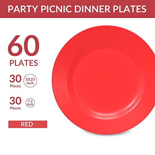 POSATE Plastic Plates Disposable 60 PCS, Heavy Duty 30 Dinner Plates 10.25" and 30 Dessert Plates 7.5" for Party, Red - color: Red