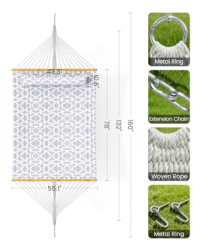 ANAGOO Double Quilted Outdoor Hammock for 2 Adults, 500lb Capacity Backyard & Camping Hammock with Pillow and Bamboo Spreader Bar, Fits 11–15ft Hammock Stands (Stand Not Included),White Gray - color: White Gray(without Stand)