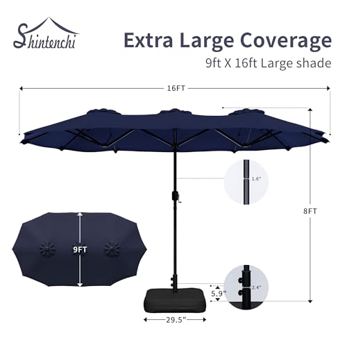 Shintenchi 16FT Large Patio Umbrella with Base Included, Outdoor Double-Sided Rectangular Shade with Crank Handle for Poolside Lawn, Deck & Garden, Dark Blue - color: Dark Blue, size: 16FT