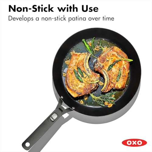 OXO Outdoor Pre-Seasoned Carbon Steel 12" Frying Pan Skillet, Detachable Handle for Easy Storage, Indoor Use, Nonstick with Use, Induction Suitable,Oven & Broiler Safe,Browning, Grill,Sear,Saute,Black - size: 12" Frying Pan Skillet Set