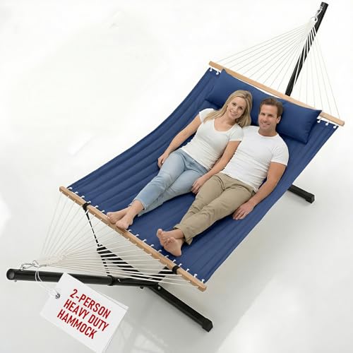 FULIYE Double Hammock with Stand for Outdoor，2 Person Heavy Duty Portable Hammock with Adjustable Steel Stand and Balance Ropes Included – for Patio, Backyard, Garden, Beach (Purplish Blue)