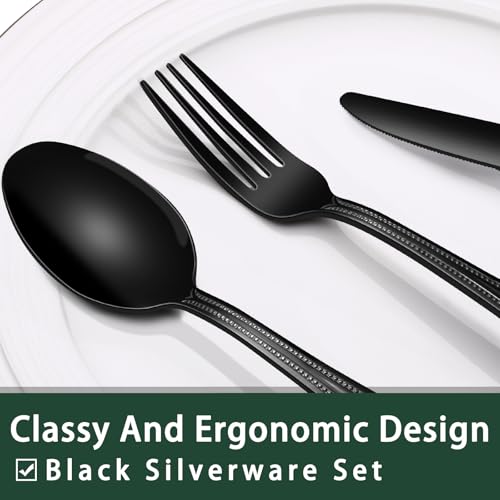 EWFEN 24-Piece Black Silverware Set with Steak Knives, Black Flatware Set for 4, Food-Grade Stainless Steel Tableware Cutlery Set, Mirror Finished Utensil Sets for Home Restaurant, Pearled Edge - style: Pearled Edge