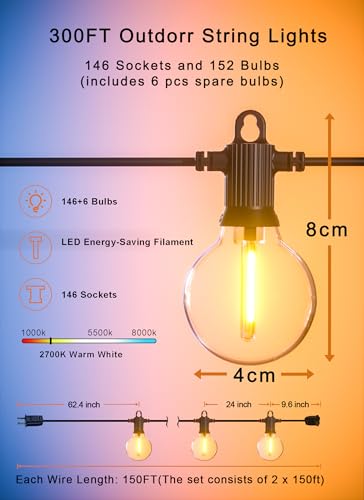 Zuske Outdoor String Lights Waterproof, 300FT Patio Lights with 146 Shatterproof G40 Globe Bulbs(6 Spare), Connectable Dimmable LED Hanging String Lights for Outside Backyard Porch Balcony (150FT x 2) - size: Electric-300FT