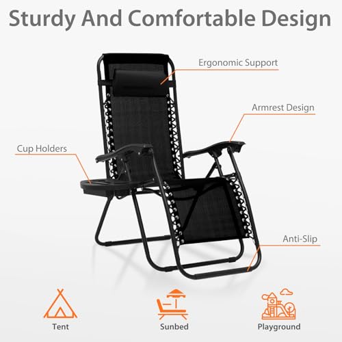 OS MOTOR Zero Gravity Chairs, Portable Folding Reclining Lounge Chairs with Adjustable Pillow and Cup Holder Trays for Outdoor, Patio, Beach, Camping, Garden, Poolside, Set of 2 Black - color: Black