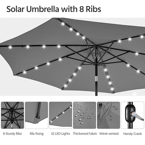 Yaheetech 10FT LED Lighted Patio Umbrella, Outdoor Solar Table Umbrella with 8 Ribs/Tilt Adjustment and Crank Lift System for Garden/Deck/Pool, Gray - color: Gray, size: 10ft