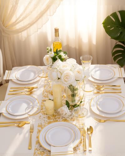 GATHER 700PCS Gold Plastic Plates - Whtie and Gold Disposable Dinnerware Sets 100Guest - 200 Disposable Plate, 300 Plastic Silverware, 100 Cups, 100 Napkins for Wedding & Party - color: Gold, size: 100 Guests