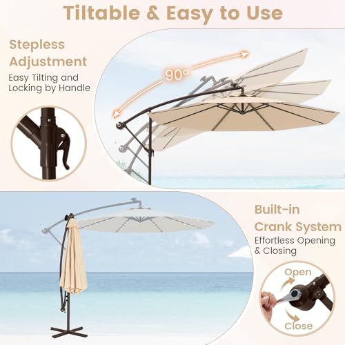 Tangkula 10FT Offset Patio Umbrella with Base Included, Outdoor Cantilever Umbrella with 40 Solar LED Lights, Tilt Adjustment, Crank Handle, Vented Top, Sand Bags for Pool Yard Deck (Beige) - color: Beige