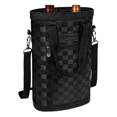 opux Two Bottle Wine Bag Carrier Tote, Insulated Leakproof 2 Bottle Wine Cooler Bag for Travel BYOB Picnic, Portable Wine Case, Gift for Men Women Wine Lover Birthday Party Christmas, Checker Black - color: Black Square