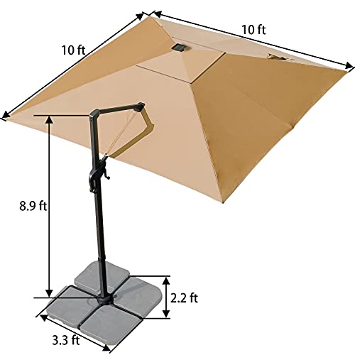 Sunnyglade 10x10ft Solar Powered LED Cantilever Patio Umbrella Square Deluxe Offset Umbrella 360°Rotation & Integrated Tilting System & LED lights for Market Garden Deck Pool Backyard Patio - color: Tan, size: 10X10FT