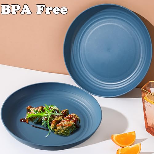 4 Pcs Wheat Straw Dinner Plates, 7.8 Inch Unbreakable Reusable Plastic Plates, Microwave & Dishwasher Safe, Lightweight Salad Dishes for Kitchen Camping, BPA Free (Dark Blue) - color: Dark Blue