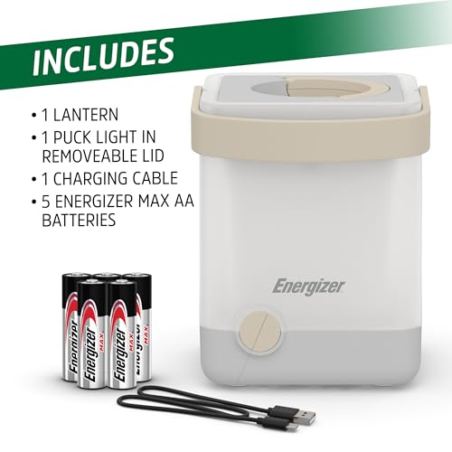 Energizer LightxPower Cube Camping Lantern, X1000 Lantern Dual Power Rechargeable and AA Battery, IPX4 Water Resistant